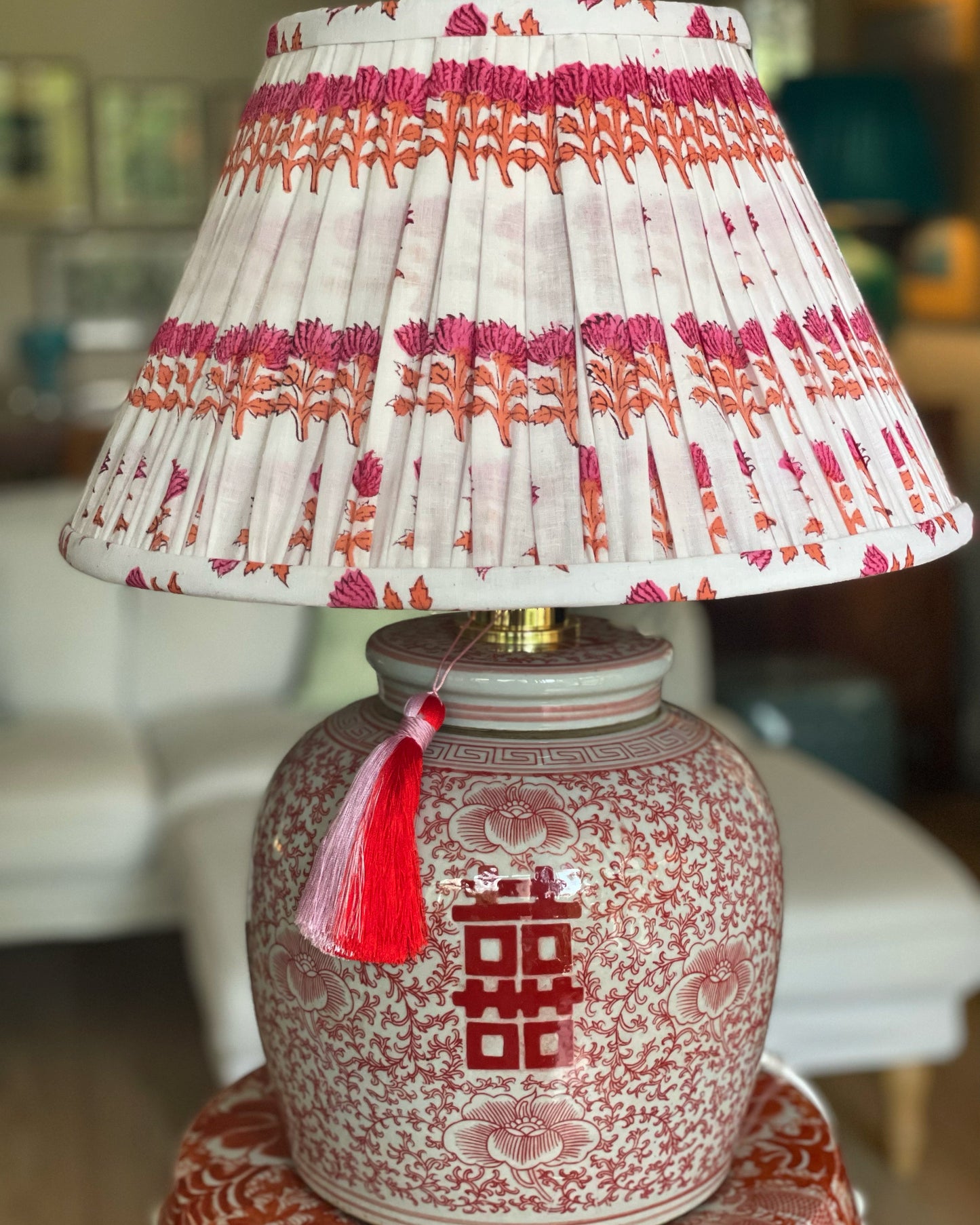 Coral Double Happiness Ginger Jar Lamp