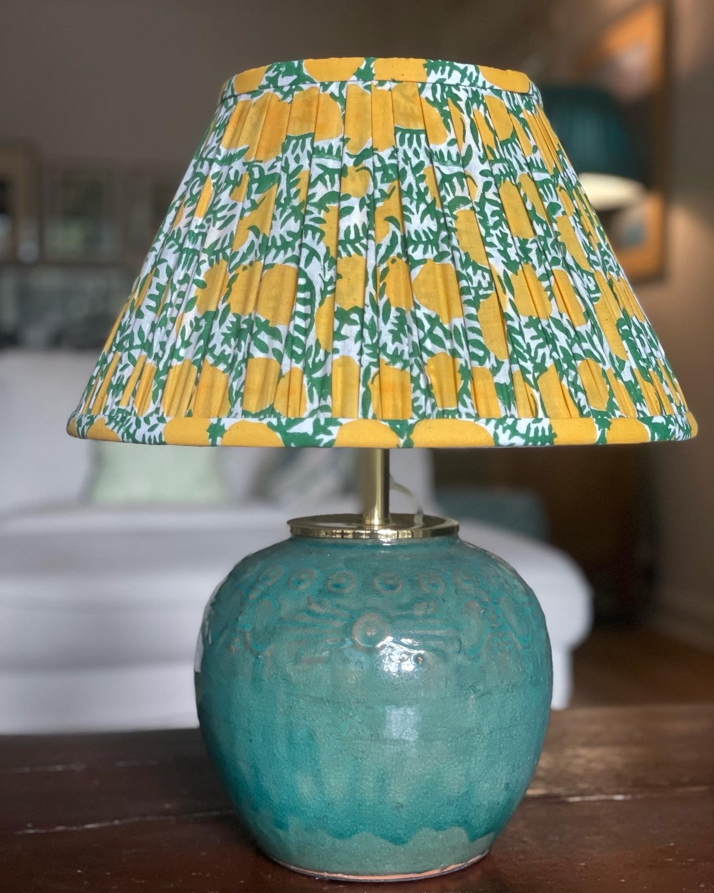 Lemon Grove Block-Print Cotton Gathered Lamp Shade