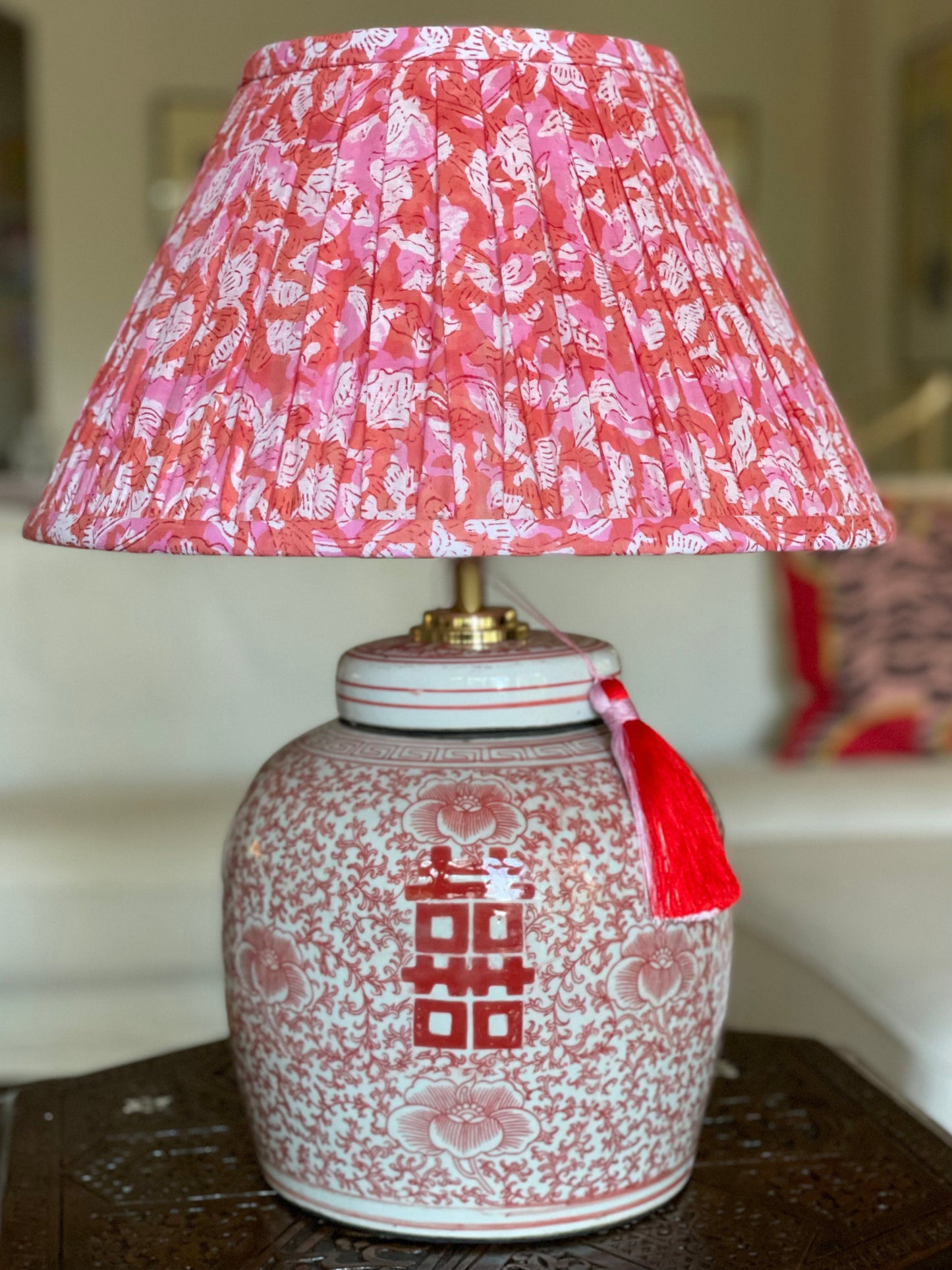 Coral Double Happiness Ginger Jar Lamp