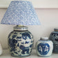 Lions ginger jar base with woodblock blue and white shade